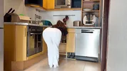 Roommate fucks me hard in the kitchen and creampies my tight pussy