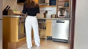 Roommate fucks me hard in the kitchen and creampies my tight pussy