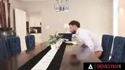 DEVILS FILM - Rissa May Hides Under Table To Suck Cock While His Wife Joins Cheating Threesome