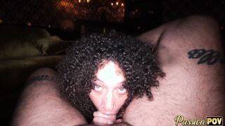 PASSIONPOV Busty ebony beauty Frecklemonade takes his big white cock deep down her throat