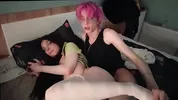 Nyashka in stockings likes to ride a pink horse and masturbate with her feet, covering herself with sperm \ Cutie rides a pink-haired man and masturbates with her feet