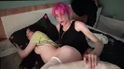 Nyashka in stockings likes to ride a pink horse and masturbate with her feet, covering herself with sperm \ Cutie rides a pink-haired man and masturbates with her feet