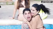 Sloppy Poolside Deepthroat, Then He Bends Her Over Railing and Fucks Her Cunt