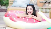 Sloppy Poolside Deepthroat, Then He Bends Her Over Railing and Fucks Her Cunt