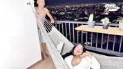 A perverted neighbor enters through the balcony to hard fuck with Savannah Watson