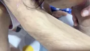 Hot skinny girl masturbates next to me and ends up fucking me until she swallows my cum