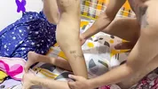 Hot skinny girl masturbates next to me and ends up fucking me until she swallows my cum