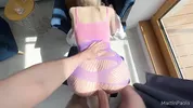 Stepsister suddenly orgasms during porn shoot. Big butt in fishnet