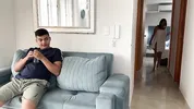 I find out that my stepbrother's best friend is alone in the living room so I take the opportunity to show him my delicious tits and be able to fuck him hard.