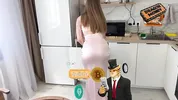 Hot Blonde MILF in a Tight Dress. Stepmother and Stepson Having Casual Sex in the Kitchen.