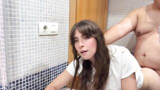 Creampie in my hairy pussy, my stepfather fills me with semen in the bathroom while his friends are in the living room