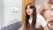 Creampie in my hairy pussy, my stepfather fills me with semen in the bathroom while his friends are in the living room
