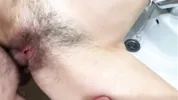 Creampie in my hairy pussy, my stepfather fills me with semen in the bathroom while his friends are in the living room