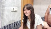 Creampie in my hairy pussy, my stepfather fills me with semen in the bathroom while his friends are in the living room