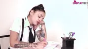 Take a peak under schoolgirl desk and look at her shoeplay