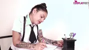 Take a peak under schoolgirl desk and look at her shoeplay