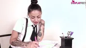 Take a peak under schoolgirl desk and look at her shoeplay
