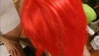Two girls make a transvestite guy cum