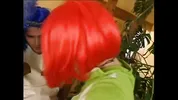 Two girls make a transvestite guy cum