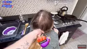 The flatmate-girl doesn't mind periodic fucking in the kitchen and get cum in her mouth and pigtails