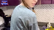 The flatmate-girl doesn't mind periodic fucking in the kitchen and get cum in her mouth and pigtails