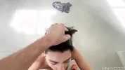 Sexy Brunette gets Naked and shows her Sucking Skills