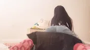Petite cute girl dry humping pillow with pants and panties feet masturb lesbian