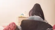 Petite cute girl dry humping pillow with pants and panties feet masturb lesbian