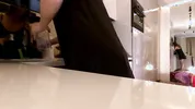 Hot sexy long legs brunette wife in black and red fishnet stockings with a satin nightie teases in the kitchen