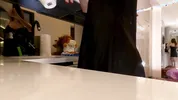 Hot sexy long legs brunette wife in black and red fishnet stockings with a satin nightie teases in the kitchen