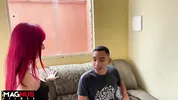 After the glass of water he got a blowjob from the naughty redhead