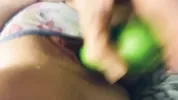 Dumb blonde farm girl keeps fucking herself with her fresh produce. Takes zucchini and squirts a lot