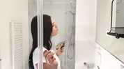 Hot sexy slim tight pussy beauty in the bathroom prepares for night out in a pink cut mini skirt