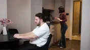 Secretary MariMoore deep-throats a cock and has rough sex with her boss while his wife is in the next room