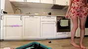Super hot girl in no panties in a fully see through transparent dress in the kitchen to flash pussy
