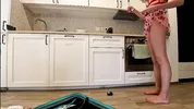Super hot girl in no panties in a fully see through transparent dress in the kitchen to flash pussy