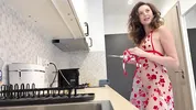 Super hot girl in no panties in a fully see through transparent dress in the kitchen to flash pussy