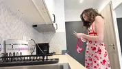 Super hot girl in no panties in a fully see through transparent dress in the kitchen to flash pussy