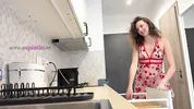 Super hot girl in no panties in a fully see through transparent dress in the kitchen to flash pussy
