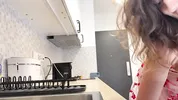 Super hot girl in no panties in a fully see through transparent dress in the kitchen to flash pussy