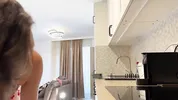 Super hot girl in no panties in a fully see through transparent dress in the kitchen to flash pussy