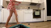 Super hot girl in no panties in a fully see through transparent dress in the kitchen to flash pussy