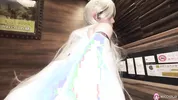 Japanese skinny cosplay Miu Akino in bed alone masturbating with a sex toy .