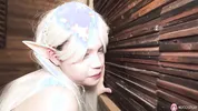 Japanese skinny cosplay Miu Akino in bed alone masturbating with a sex toy .