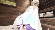 Japanese skinny cosplay Miu Akino in bed alone masturbating with a sex toy .
