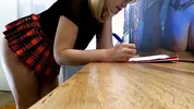 No panties thick thighs hot blonde in a school uniform skirt to flash her ass under her miniskirt