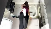 New secretary tall sexy horny brunette babe in glasses in the bathroom poses for many cameras