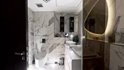 New secretary tall sexy horny brunette babe in glasses in the bathroom poses for many cameras