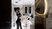New secretary tall sexy horny brunette babe in glasses in the bathroom poses for many cameras