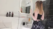 Sexy long legs hot and horny college girl shows her white cotton panties in the bathroom to multiple cams